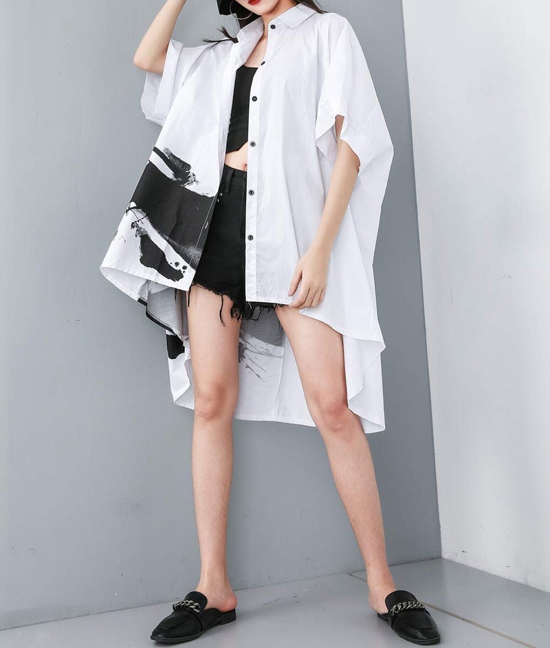 ellazhu Women's Oversized Button Down Shirt Dresses Batwing Sleeves High Low Top for Summer GY1827 White - Image 5